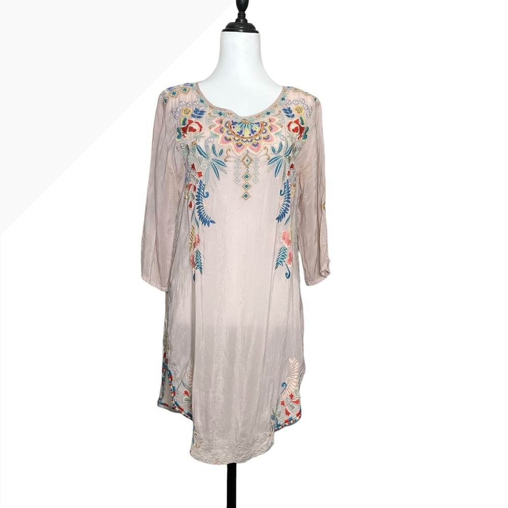 Johnny Was Sindri Embroidered Tunic Style Medium Sheer Floral Boho Long Sleeve